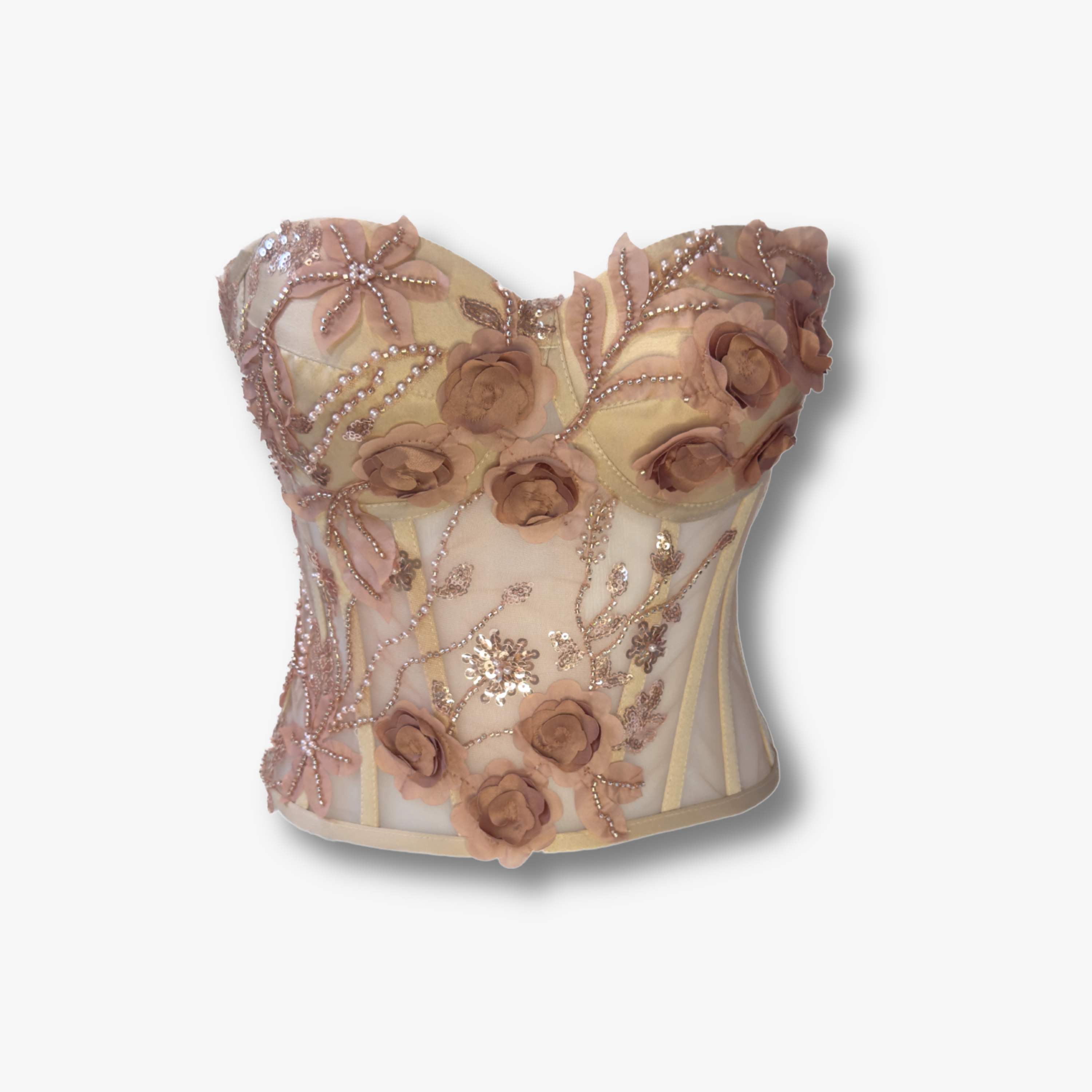 Handgefertigtes Couture Corset in Champagner mit Perlenstickerei, floralen 3D-Blüten und transparenter Mesh-Verarbeitung von DEFONDO.