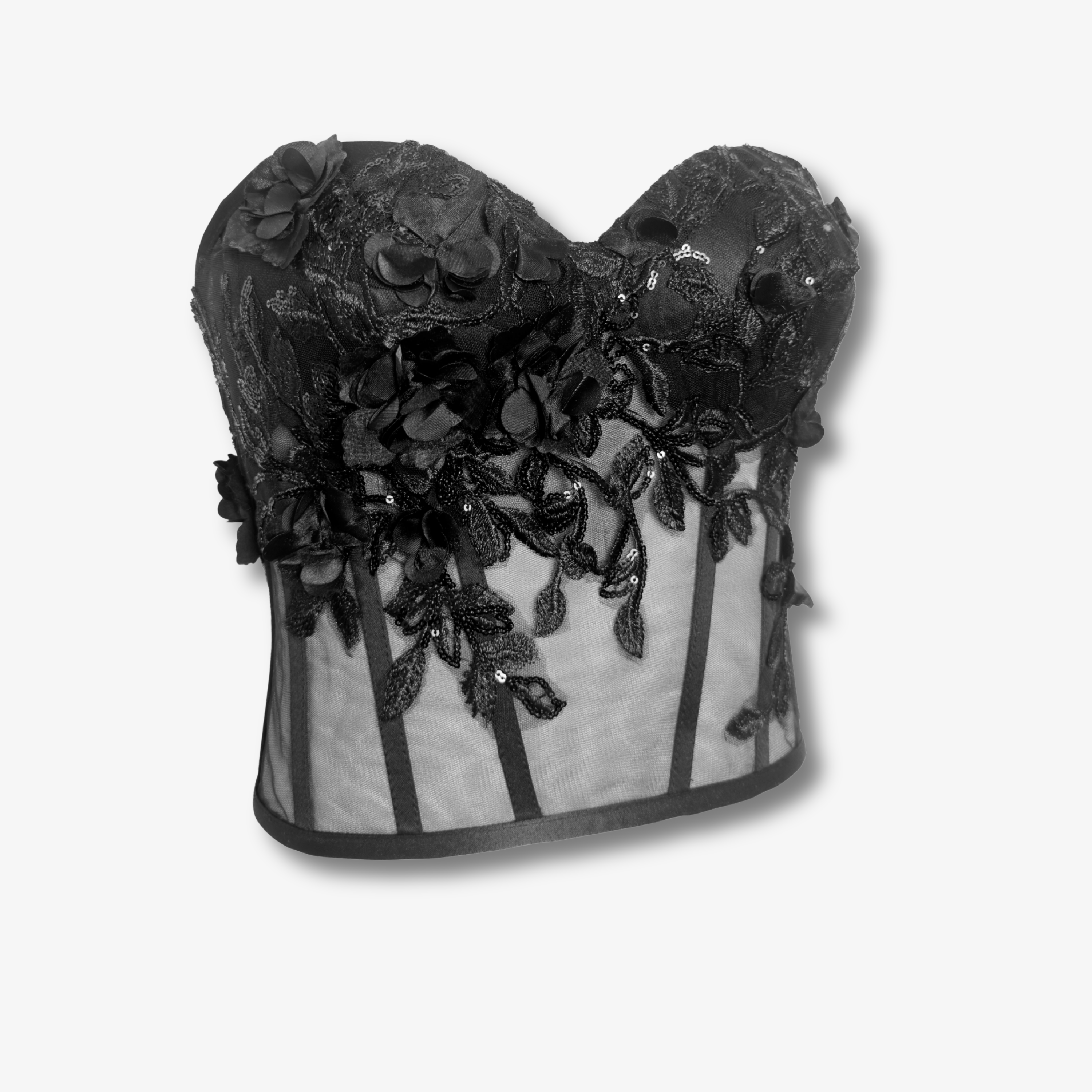 Handgefertigtes schwarzes Couture Corset mit Spitzenapplikationen und transparenter Mesh-Verarbeitung von DEFONDO.