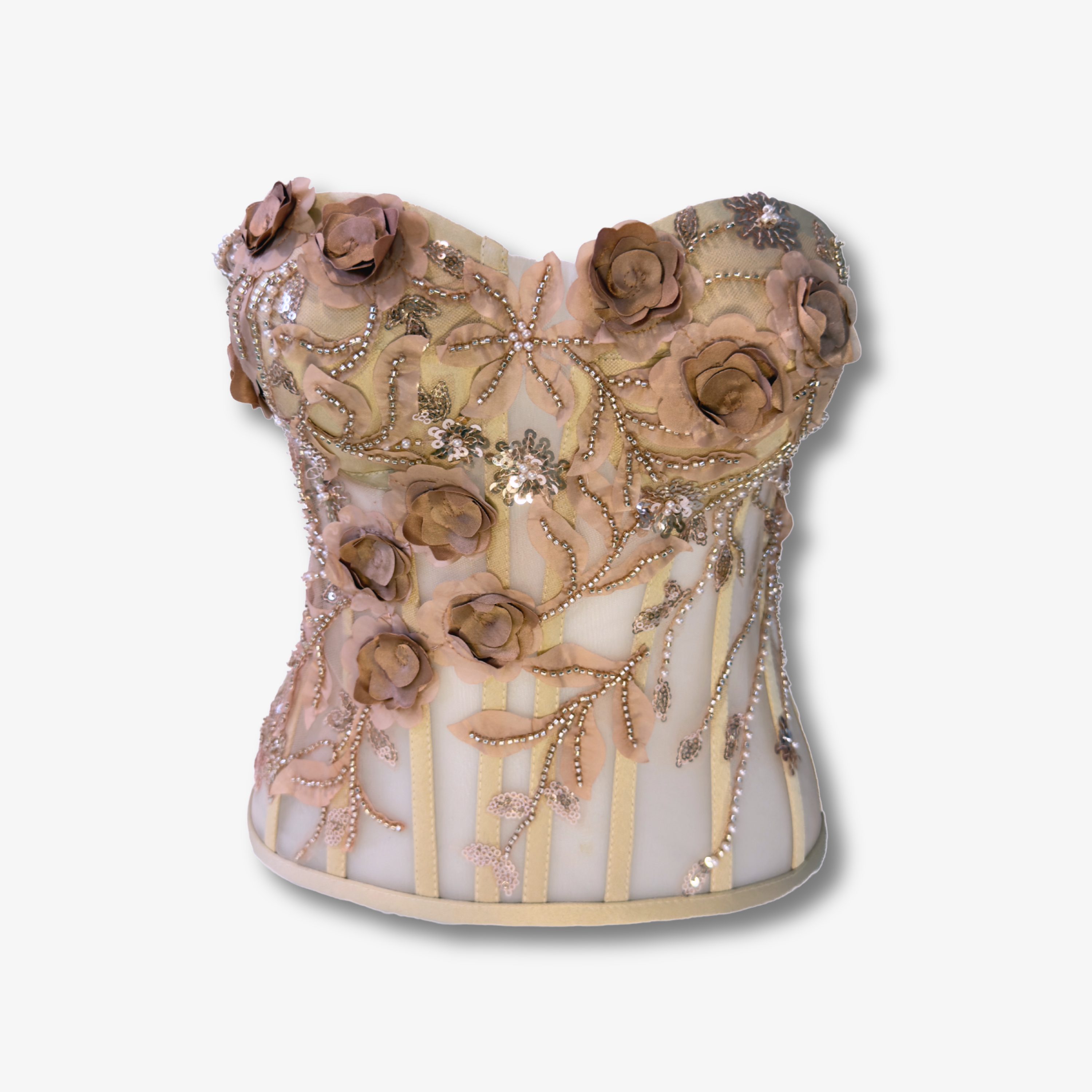 Handgefertigtes Couture-Spitzenkorsett in Champagner mit floraler Stickerei und figurbetonter Silhouette von DEFONDO.