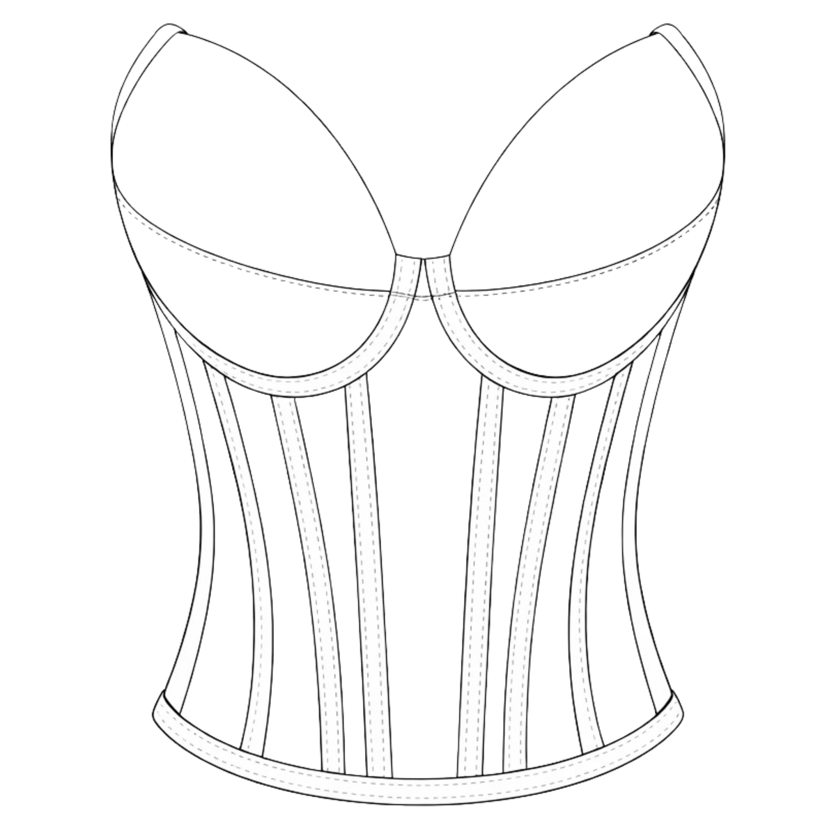 Technische Zeichnung des DEFONDO Angel Cup Fit Corsets mit herzförmigem Ausschnitt.