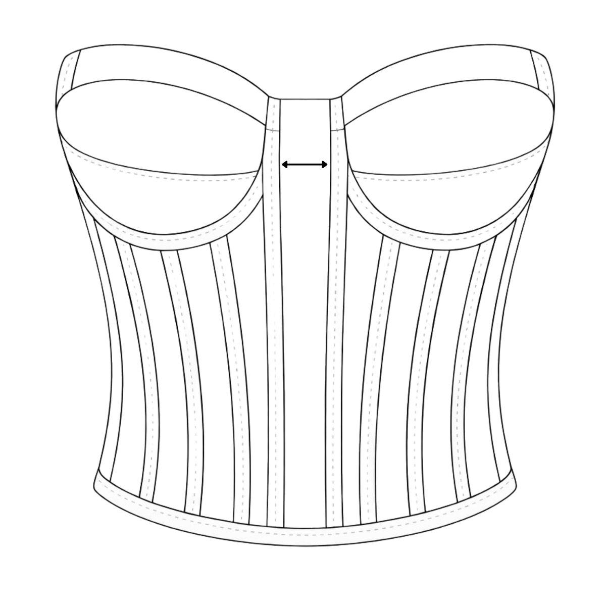 Technische Zeichnung des DEFONDO Center Panel Fit Corsets mit mittigem Frontpanel.