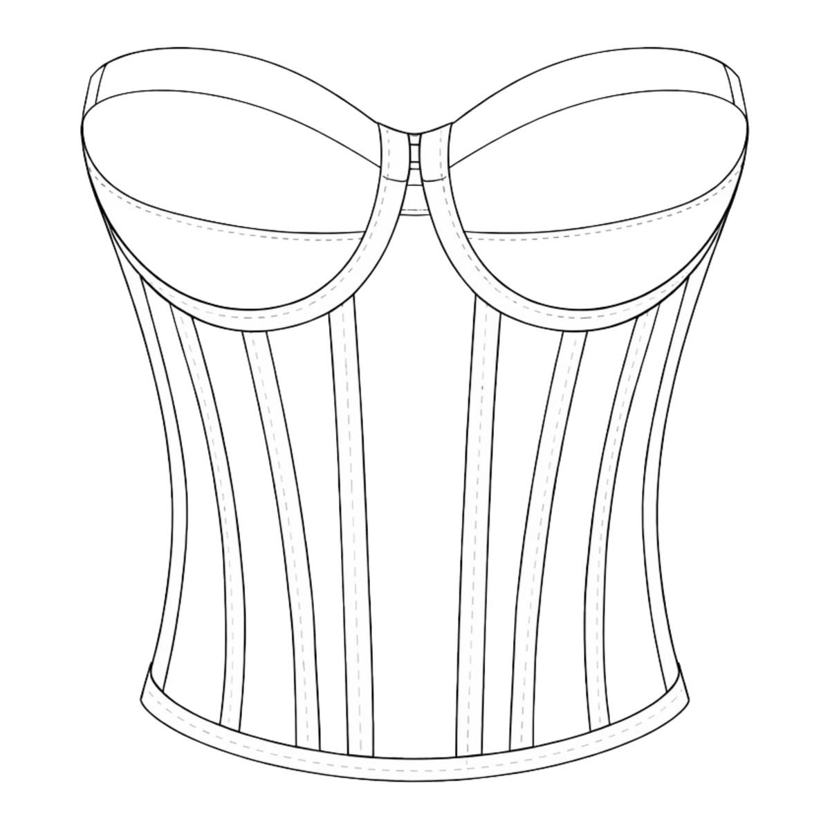 Technische Zeichnung des DEFONDO Classic Fit Corsets mit gerader Silhouette.