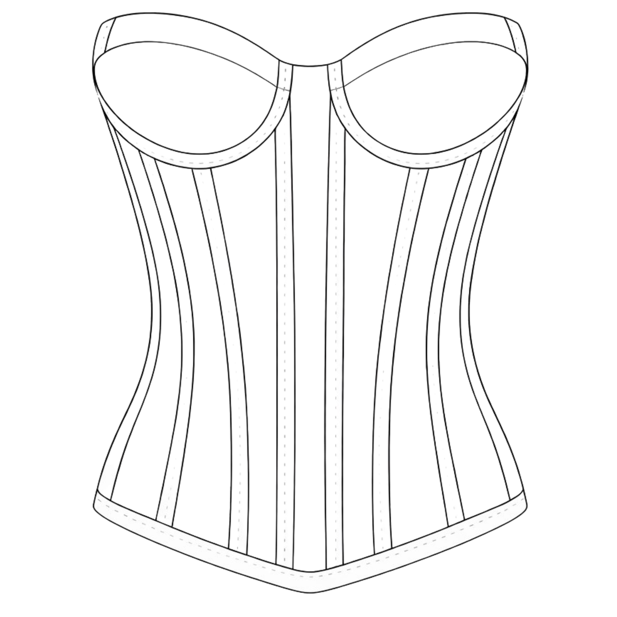 Technische Zeichnung des DEFONDO Longline Fit Corsets mit verlängertem Schnitt und V-förmigem Saum.