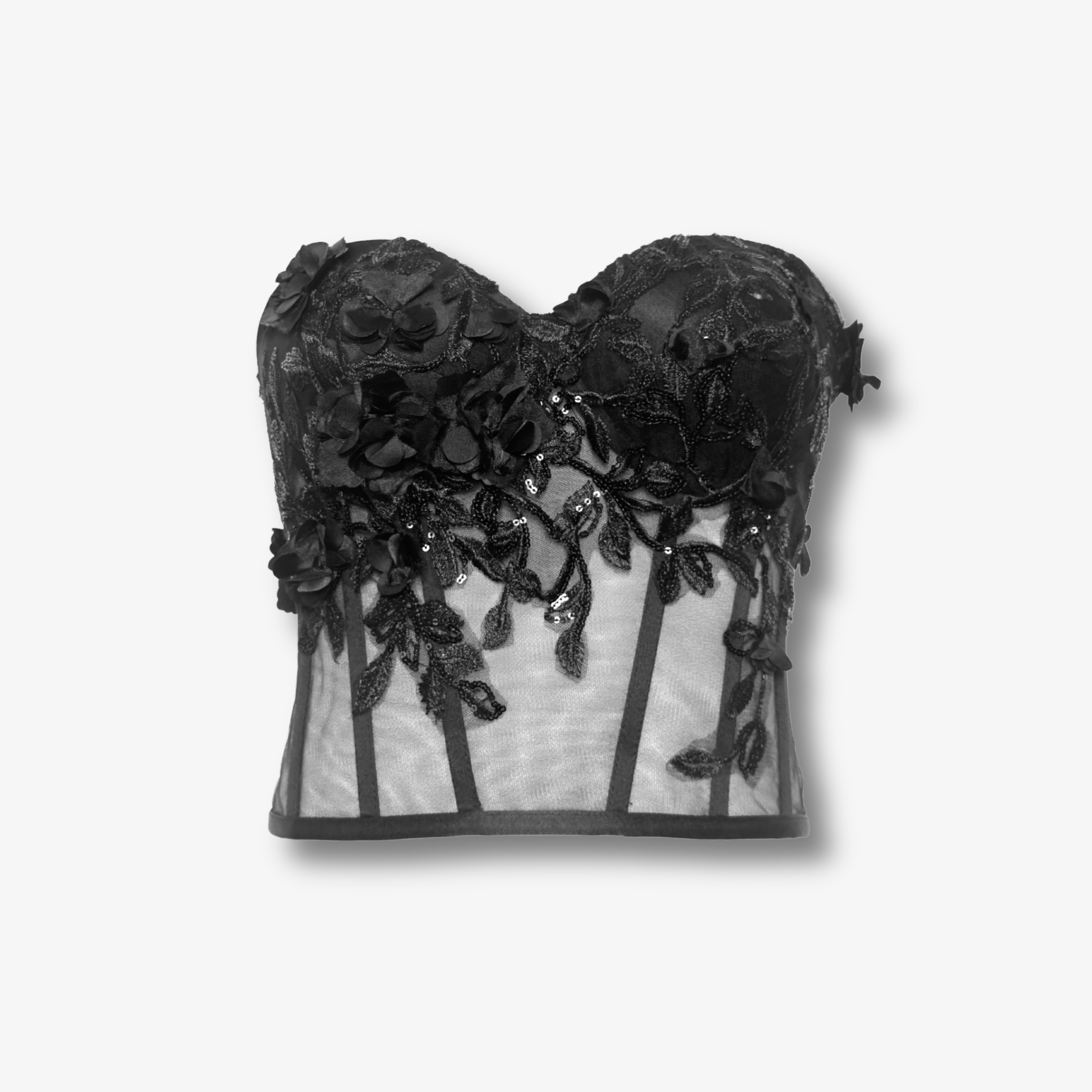 Frontansicht eines schwarzen Spitzenkorsetts mit Paillettenapplikationen und transparenter Corset-Konstruktion von DEFONDO.