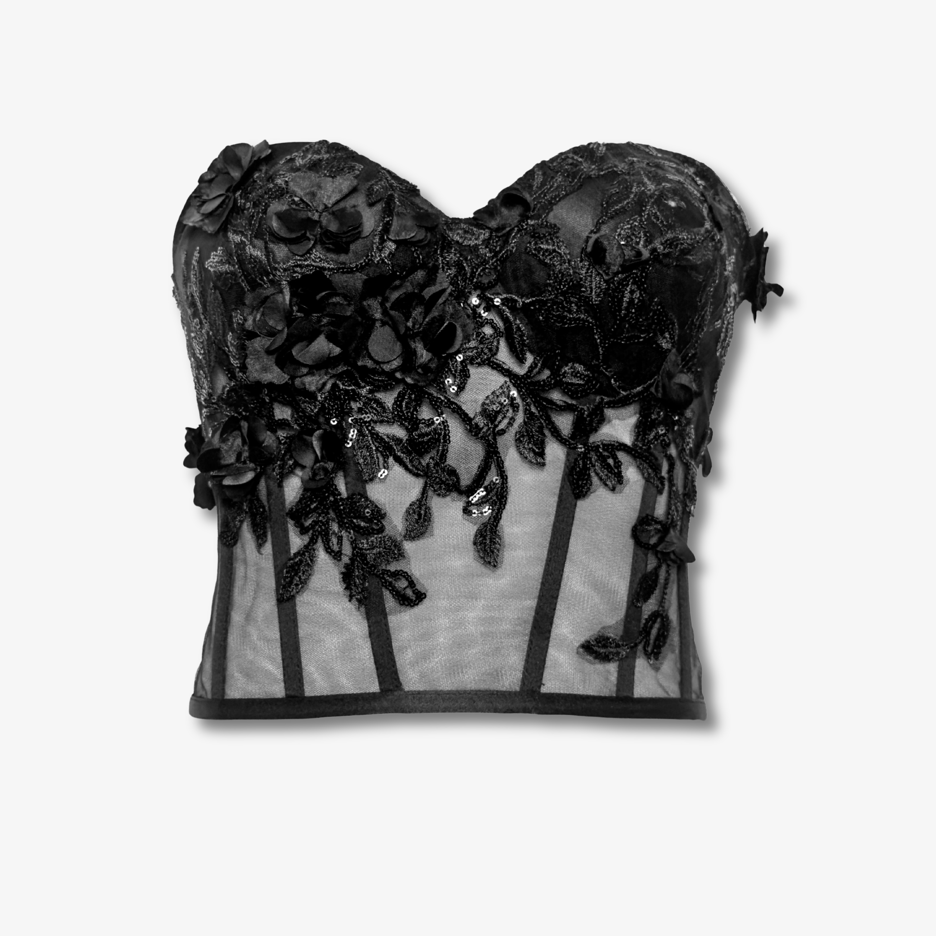 Schwarzes Spitzenkorsett mit Paillettenapplikationen, transparentem Mesh und handgefertigten Details von DEFONDO.