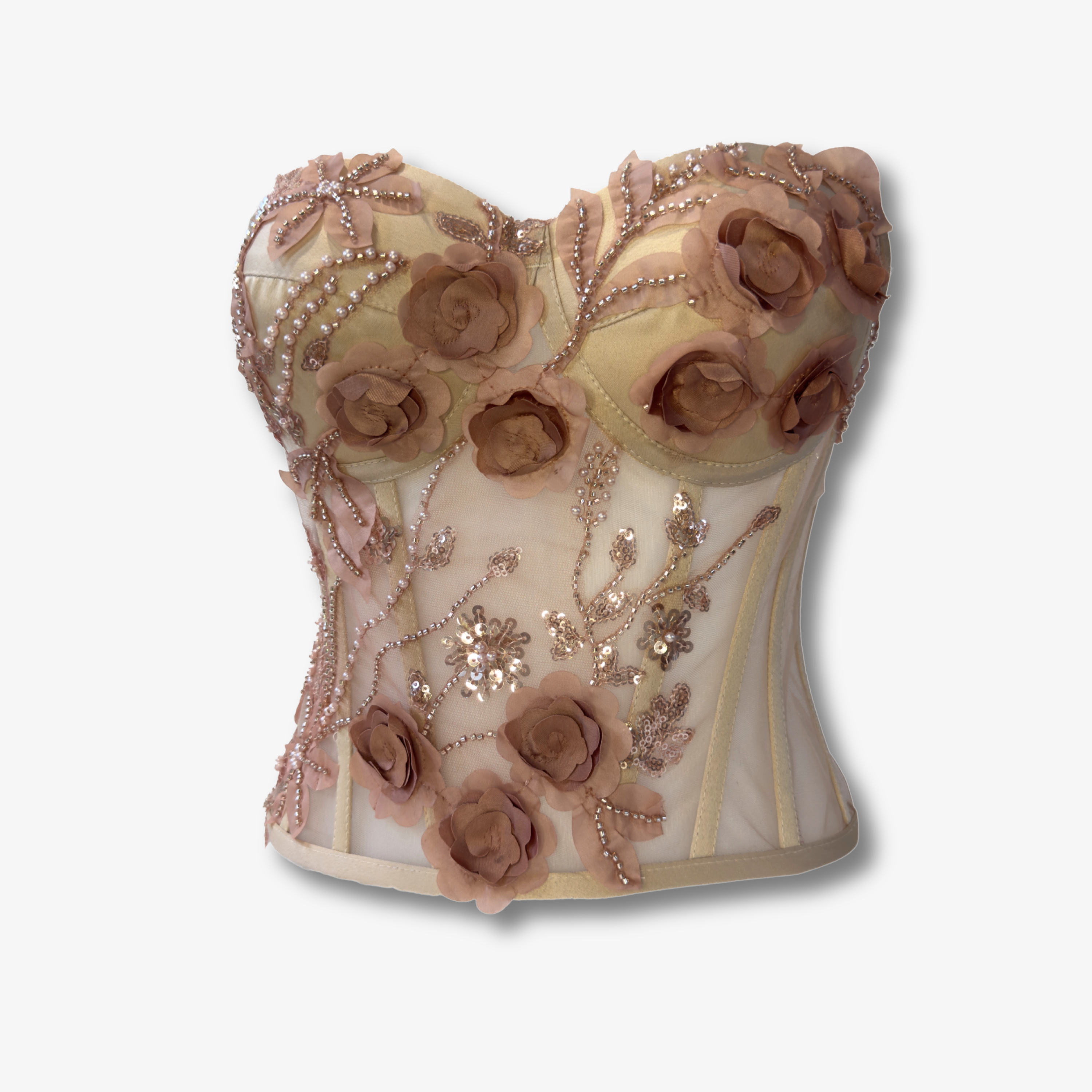 Champagnerfarbenes Spitzenkorsett mit Perlenstickerei, 3D-Blütenapplikationen und transparentem Mesh von DEFONDO.
